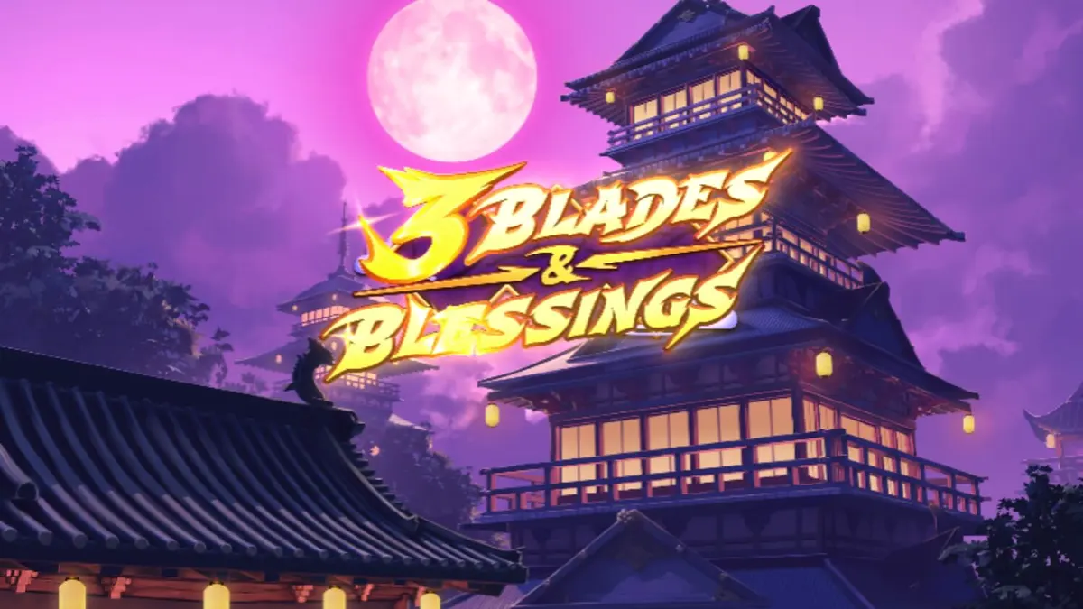 Tampilan visual slot 3 Blades & Blessings dengan tema ninja dan Jepang feodal